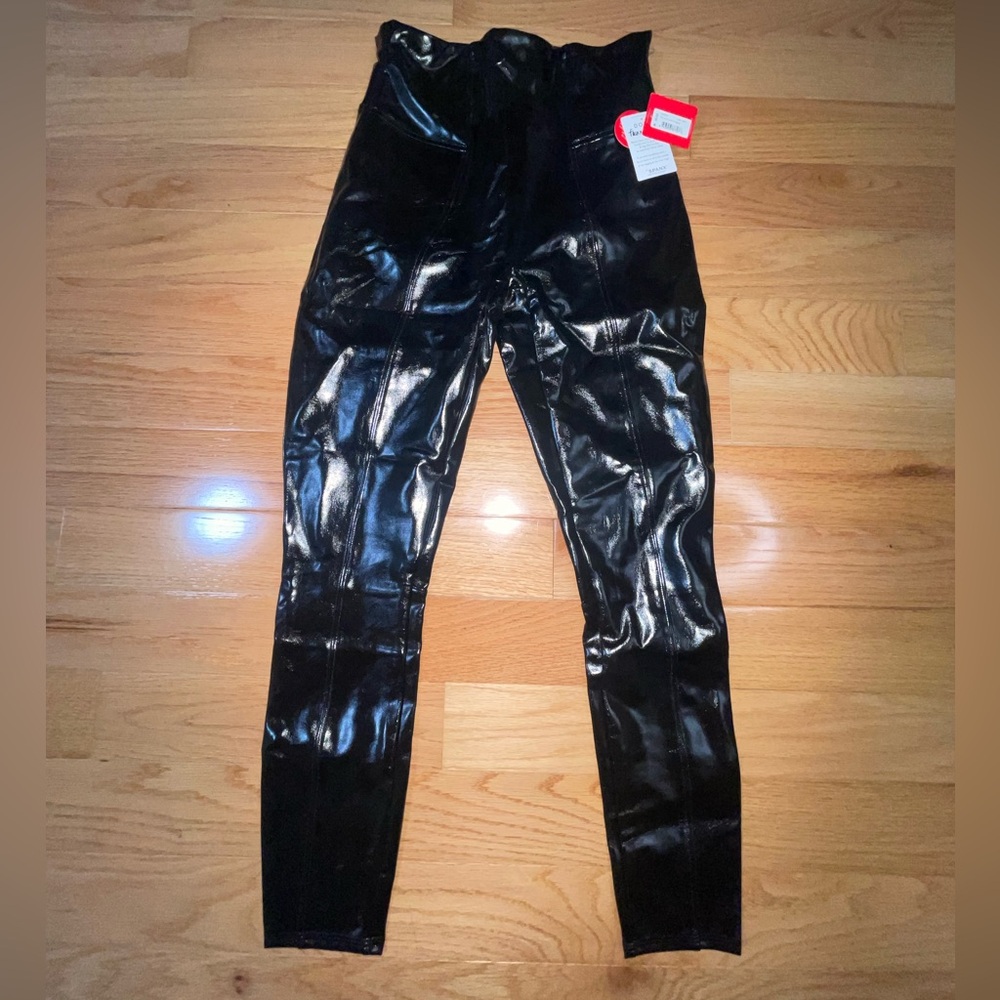 Black Faux Patent Leather Shiny High-Waisted Spanx Leggings Size Medium